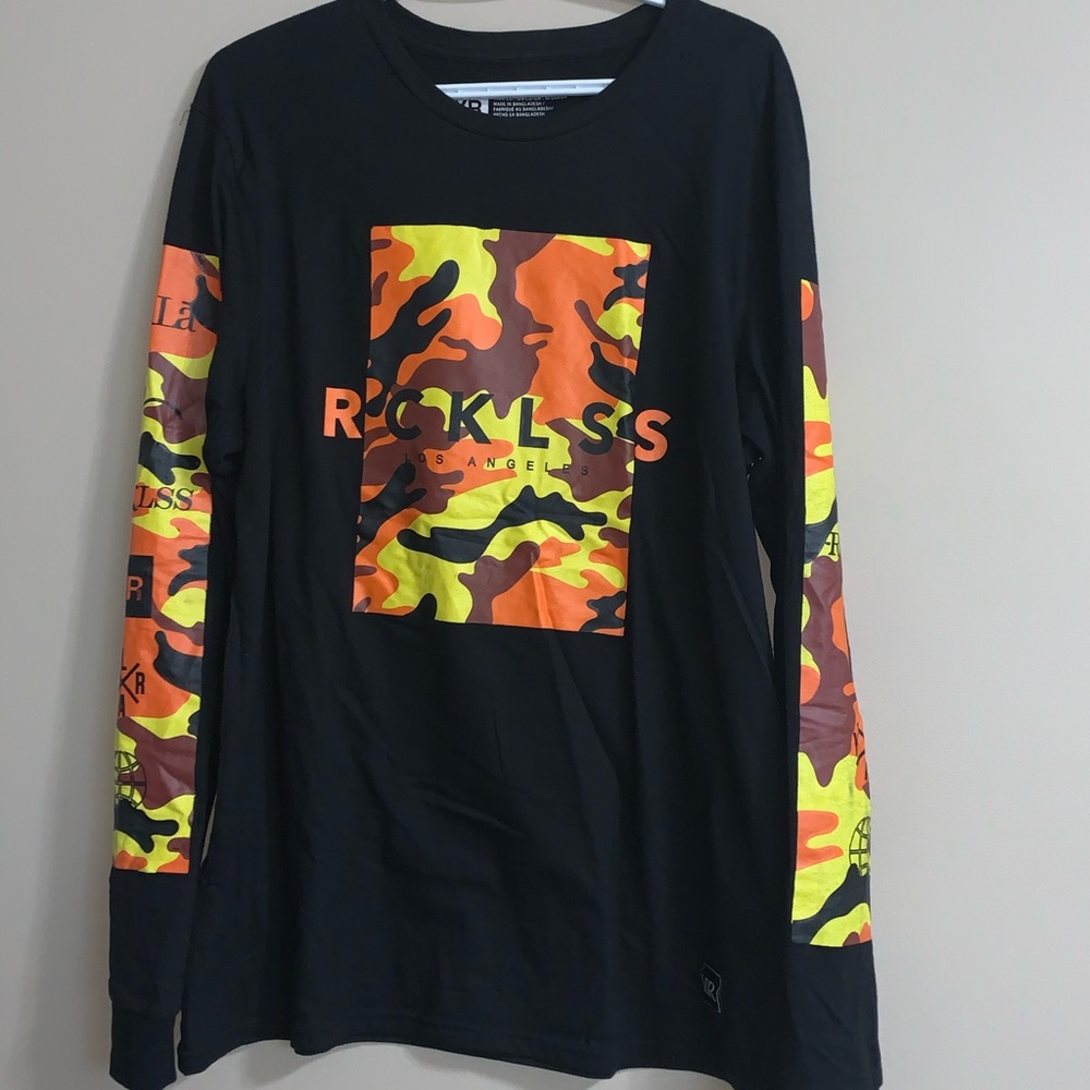 reckless black long sleeve shirt with orange camo